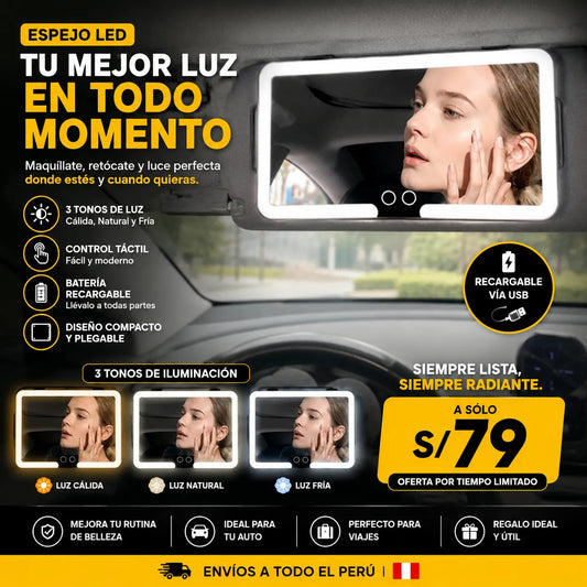 Espejo LED de Maquillaje para Auto: 3 Tonos, Táctil y Recargable USB